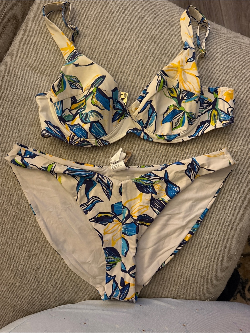 Floral Print Underwire Bikini Set - Blue & Yellow